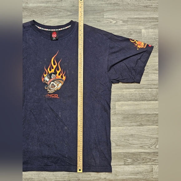 Vintage 90s Y2K Jnco Jeans Rare Flaming Ace Skull Head Navy Blue T-shirt XXL - Picture 8 of 9